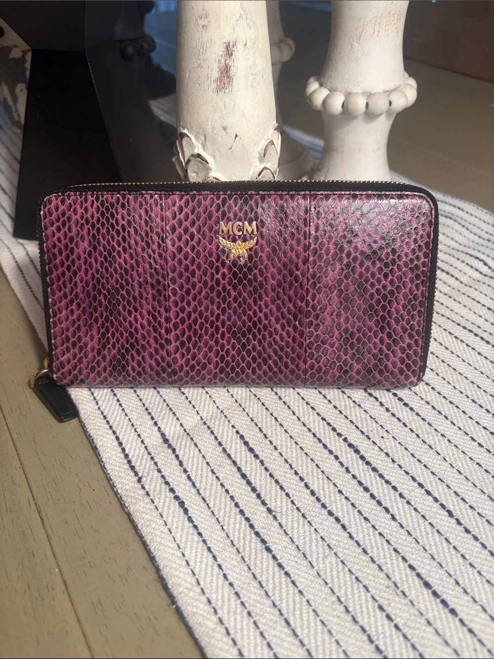 MCM Plum Snakeskin Zip Wallet with Gold Logo